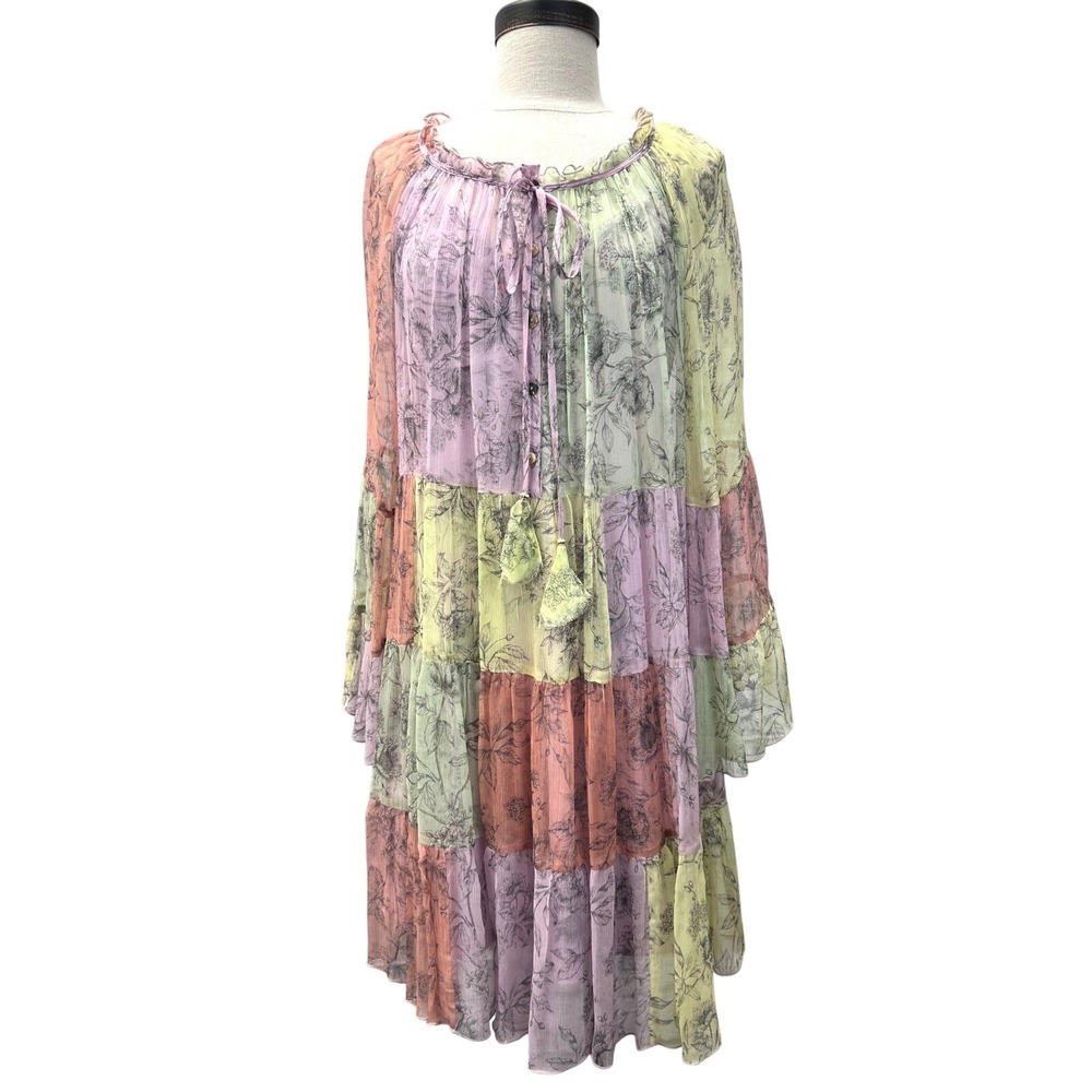Johnny Was Mini Dress Womens S Multi Excellent Patchwork Floral Tiered Boho